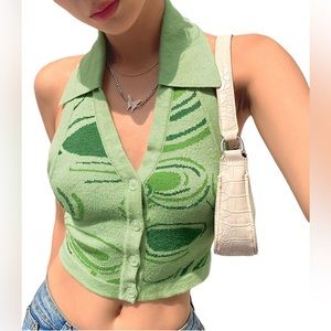 NWT (S) Green Halter Top Y2K Retro Knit Collared Button Down Vest